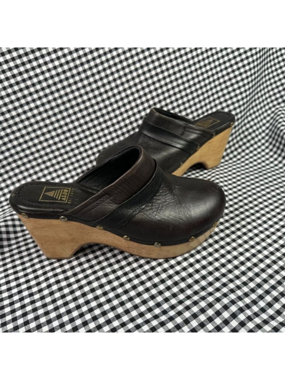 Vintage ALDO Leather Clogs Women’s Size 8 Black Brown Wood Platform Mule Slip On